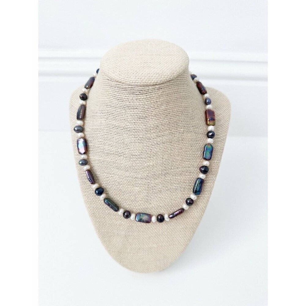 NWT Genuine Black Pearls & White Pearls Necklace Beaded